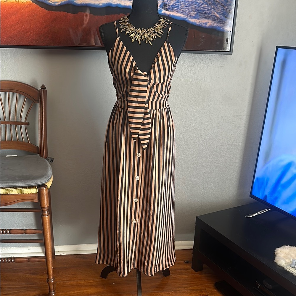 Tan and Black Striped V-Neck Tie Front Midi Dress